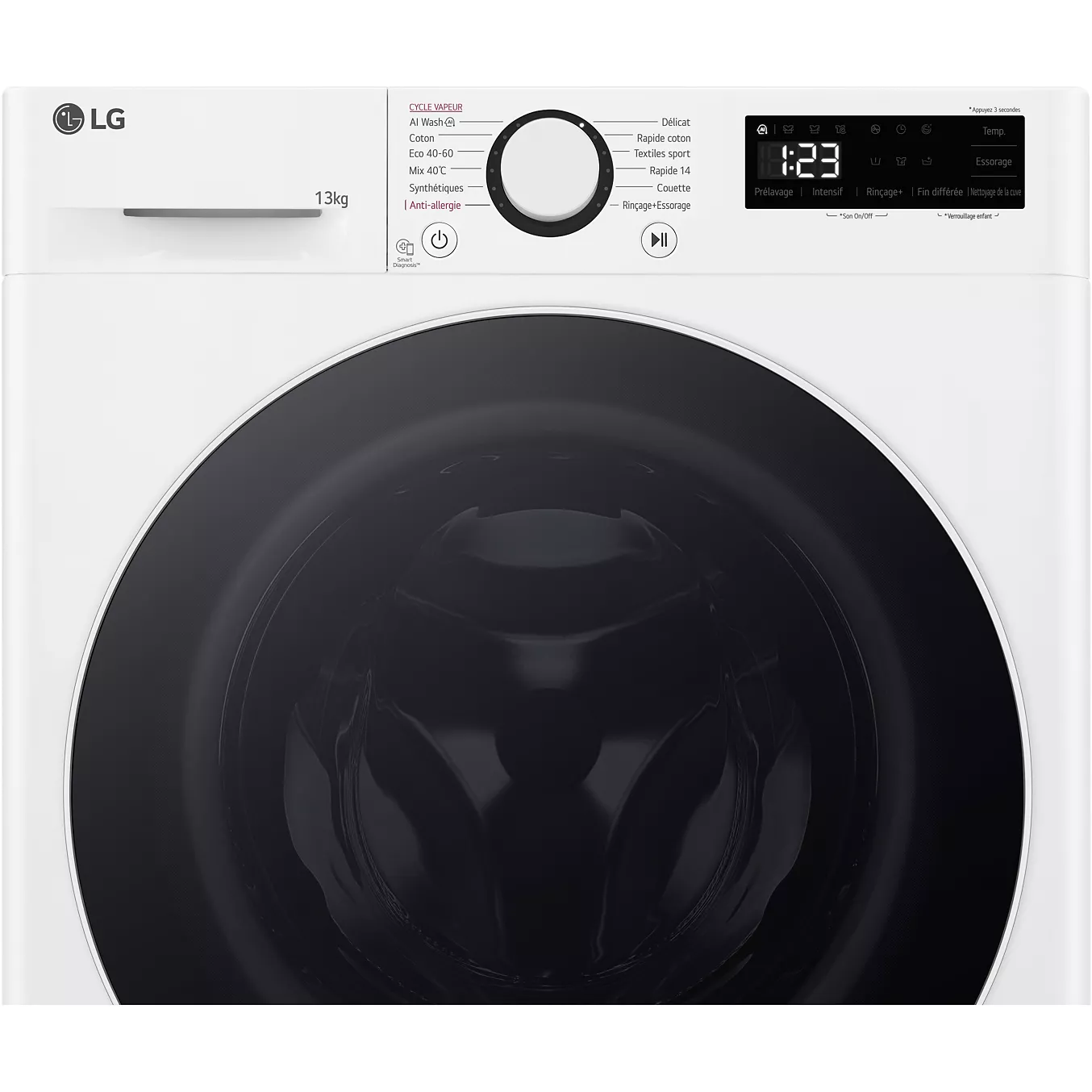 Vue de face du lave-linge à chargement frontal LG F34R50WHS de couleur blanche, doté d'un écran numérique affichant 1:23 et proposant plusieurs options de cycle.