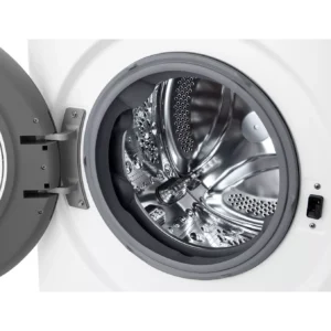 Lave-linge LG F34R50WHS à chargement frontal ouvert, dévoilant son tambour en acier inoxydable vide et sa porte intérieure, mettant en valeur son design moderne et son intérieur spacieux.
