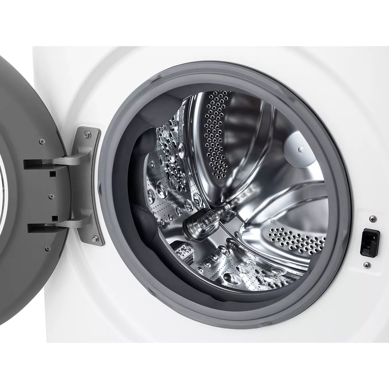 Lave-linge LG F34R50WHS à chargement frontal ouvert, dévoilant son tambour en acier inoxydable vide et sa porte intérieure, mettant en valeur son design moderne et son intérieur spacieux.