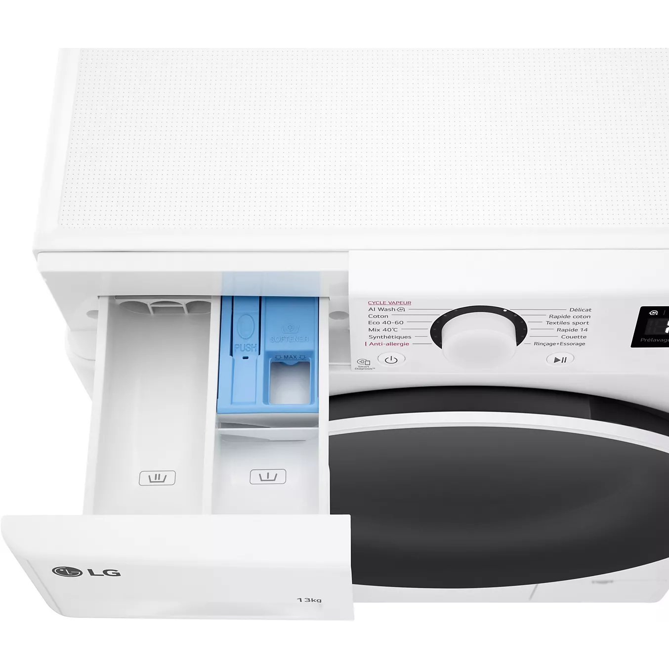 Ouvrez le bac à lessive du lave-linge à chargement frontal LG F34R50WHS pour accéder aux compartiments destinés à la lessive et à l'adoucissant.