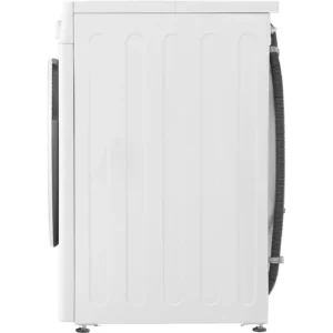 Vue de profil du lave-linge à chargement frontal LG F34R50WHS, un lave-linge LG blanc muni d'un tuyau raccordé à l'arrière, à droite.
