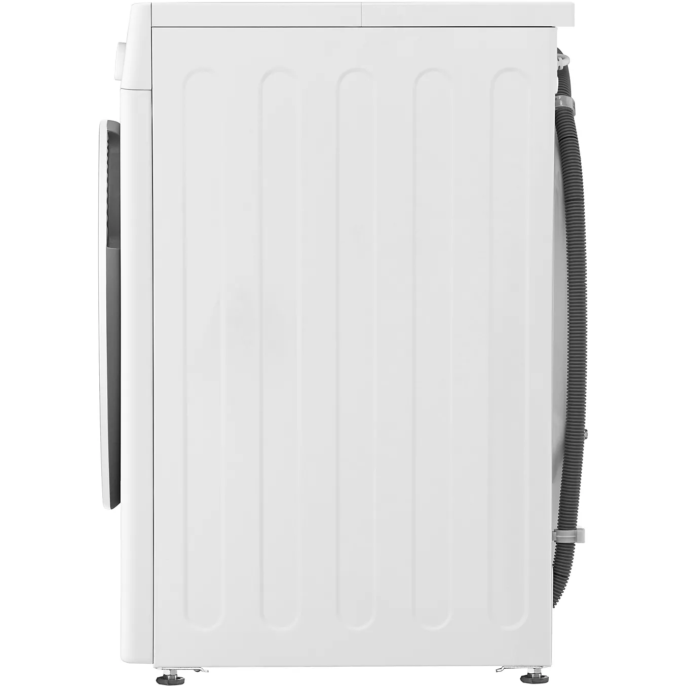 Vue de profil du lave-linge à chargement frontal LG F34R50WHS, un lave-linge LG blanc muni d'un tuyau raccordé à l'arrière, à droite.