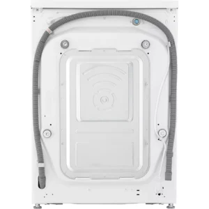 Vue arrière du lave-linge à chargement frontal LG F34R50WHS, sur laquelle on distingue son tuyau, son cordon d'alimentation et un panneau métallique orné d'un motif en relief.