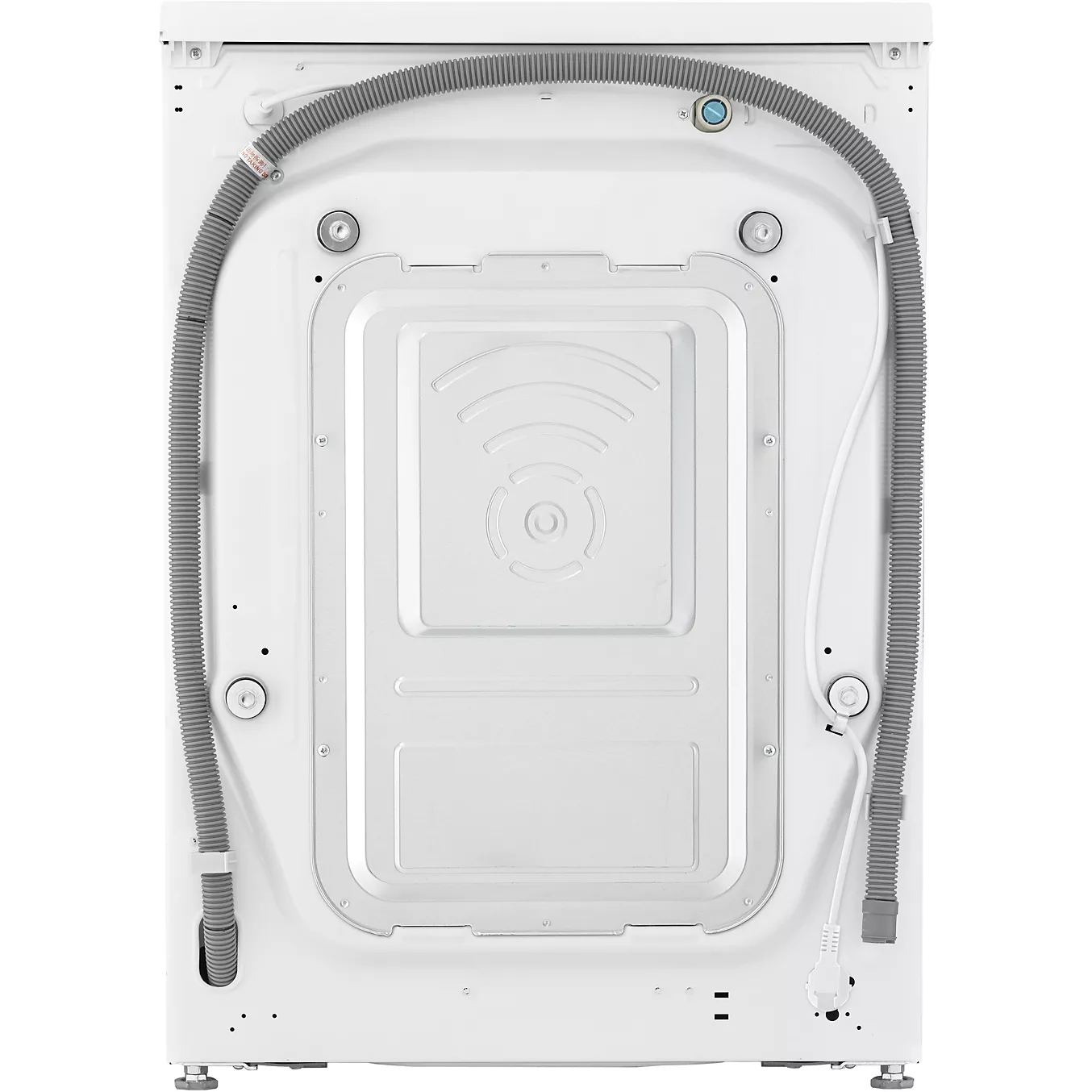 Vue arrière du lave-linge à chargement frontal LG F34R50WHS, sur laquelle on distingue son tuyau, son cordon d'alimentation et un panneau métallique orné d'un motif en relief.