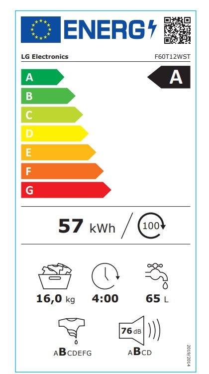 Bien sûr ! Voici la phrase révisée en tenant compte des données de votre produit : Le lave-linge à chargement frontal LG F60T12WST affiche une classe énergétique A et ne consomme que 57 kWh pour 100 cycles. Conçue pour accueillir jusqu'à 16 kg de linge, cette machine à laver effectue un cycle complet en 4 heures, n'utilise que 65 litres d'eau par cycle et fonctionne silencieusement avec un niveau sonore de seulement 76 dB.