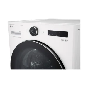 Lave-linge LG F60T12WST blanc, équipé d'un écran numérique et d'un bouton rotatif, photographié sous un angle de vue frontal.