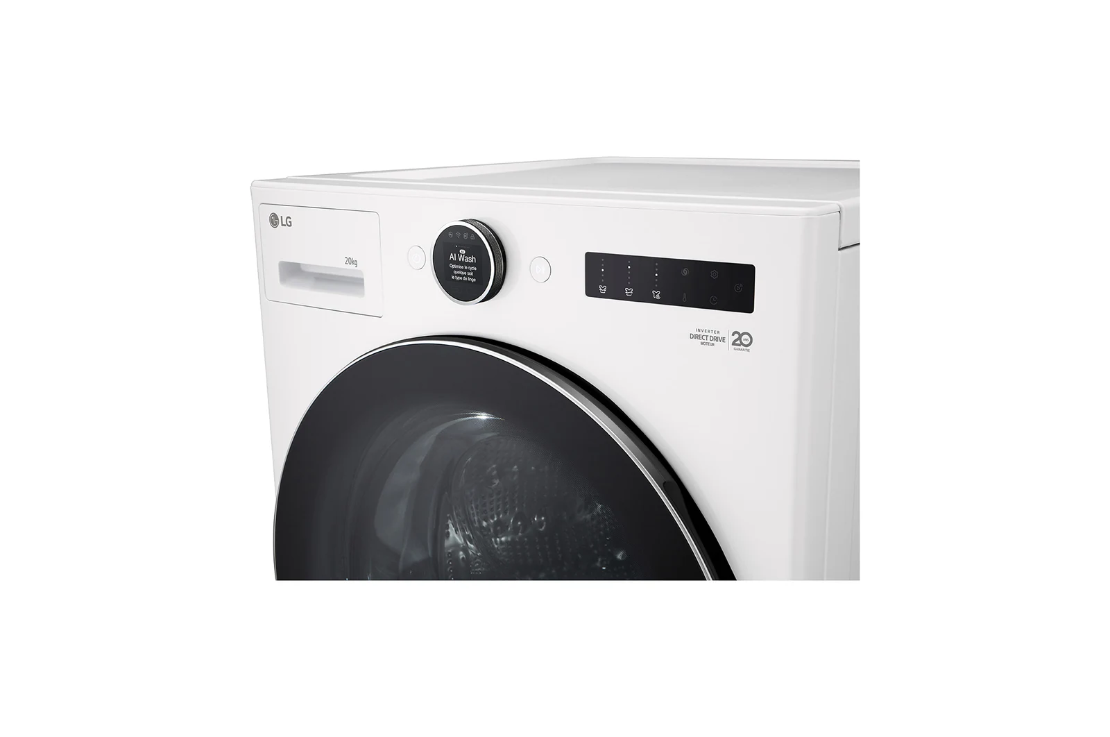 Lave-linge LG F60T12WST blanc, équipé d'un écran numérique et d'un bouton rotatif, photographié sous un angle de vue frontal.