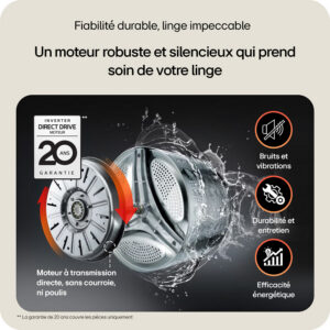 Moteur de lave-linge garanti 20 ans, alliant durabilité, faible niveau sonore et efficacité énergétique : autant d'atouts dont vous profiterez avec le modèle LG F94X56WHST. Découvrez les performances fiables et la qualité durable de ce lave-linge à chargement frontal haut de gamme LG F94X56WHST.