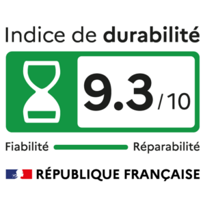 Le lave-linge à chargement frontal LG F94X56WHST affiche un impressionnant indice de durabilité français de 9,3/10, symbolisé par une icône en forme de sablier, ainsi que des notes exceptionnelles en matière de fiabilité et de réparabilité. Arborant le logo de la certification française, cet appareil fait véritablement figure de référence en matière de performances durables.