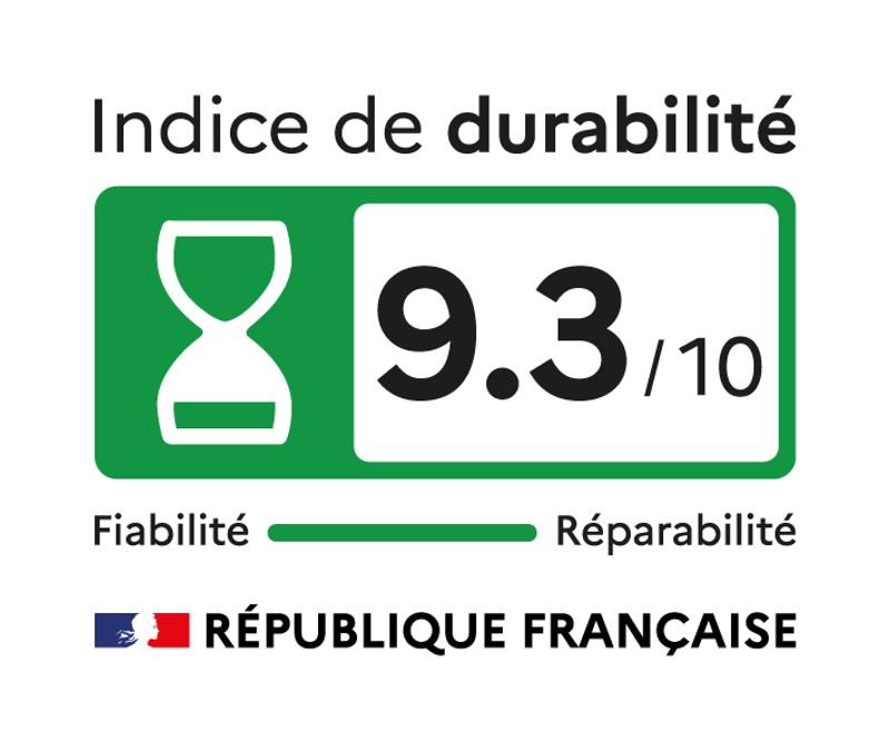 Le lave-linge à chargement frontal LG F94X56WHST affiche un impressionnant indice de durabilité français de 9,3/10, symbolisé par une icône en forme de sablier, ainsi que des notes exceptionnelles en matière de fiabilité et de réparabilité. Arborant le logo de la certification française, cet appareil fait véritablement figure de référence en matière de performances durables.