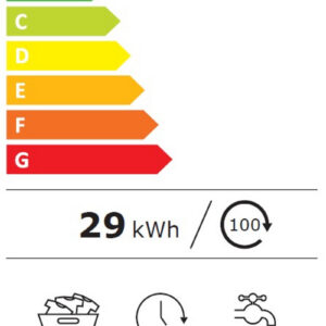 Étiquette énergétique européenne pour la machine à laver à chargement frontal LG F94X56WHST : classe énergétique A, consommation de 29 kWh, capacité de 9 kg, durée du cycle de 3 heures 48 minutes, consommation d'eau de 46 litres par cycle et niveau sonore de 71 dB.