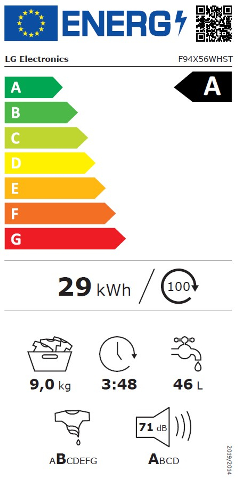 Étiquette énergétique européenne pour la machine à laver à chargement frontal LG F94X56WHST : classe énergétique A, consommation de 29 kWh, capacité de 9 kg, durée du cycle de 3 heures 48 minutes, consommation d'eau de 46 litres par cycle et niveau sonore de 71 dB.