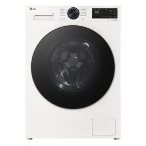Vue de face du lave-linge à chargement frontal LG F94X56WHST, de couleur blanche moderne, mettant en valeur une porte noire élégante et un écran numérique intuitif.