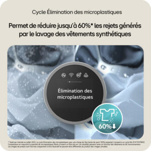 Texte en français mettant en avant la réduction des émissions de microplastiques grâce au lave-linge à chargement frontal LG F94X56WHST, illustré par des icônes représentant le lavage et des vêtements, ainsi qu’un symbole indiquant une diminution de 60 %. Ce modèle LG offre des performances exceptionnelles pour limiter efficacement la diffusion des microplastiques lors du lavage.