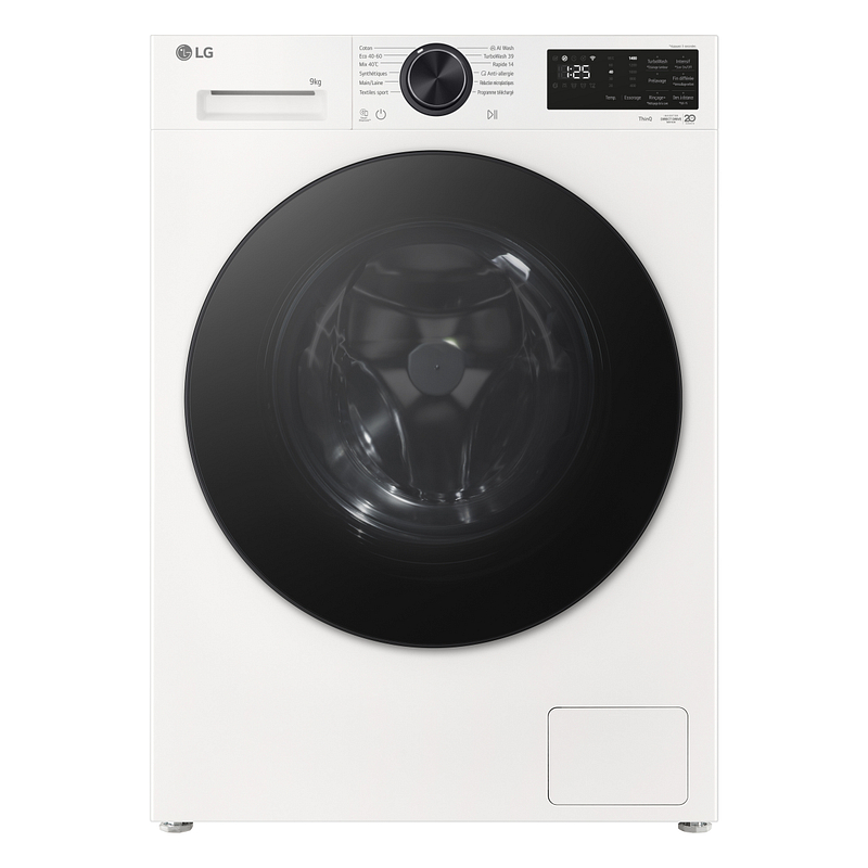Vue de face du lave-linge à chargement frontal LG F94X56WHST, de couleur blanche moderne, mettant en valeur une porte noire élégante et un écran numérique intuitif.