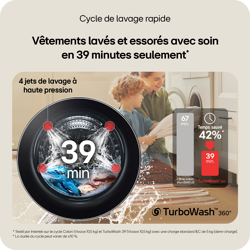 Découvrez l'efficacité du modèle LG F94X56WHST, un lave-linge à chargement frontal doté de puissants jets d'eau qui permettent un cycle de lavage rapide de 39 minutes, vous faisant gagner jusqu'à 42 % de temps. Profitez de performances de lavage exceptionnelles grâce à ce lave-linge LG à la pointe de la technologie.