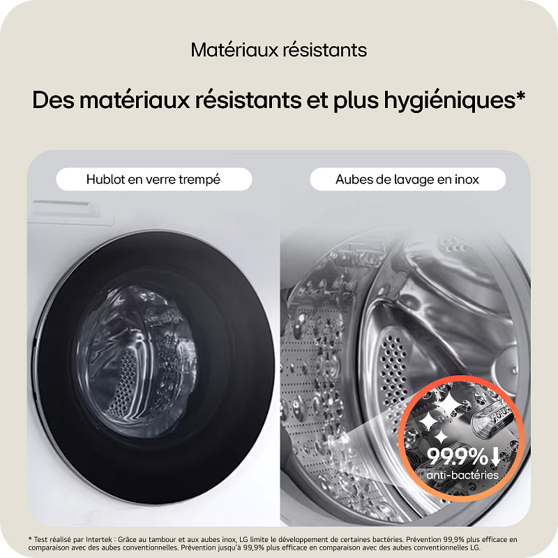 Bien sûr ! Voici une version remaniée de votre phrase en tenant compte des caractéristiques du produit fournies : Le lave-linge à chargement frontal LG F94X56WHST est équipé d’une porte en verre trempé et d’un tambour en acier inoxydable, garantissant une grande longévité, tandis que sa protection antibactérienne à 99,9 % assure une hygiène optimale, ce qui fait de ce lave-linge un excellent choix pour répondre à vos besoins en matière de lessive.
