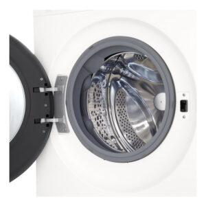 Vue de face du lave-linge à chargement frontal LG F94X56WHST, la porte ouverte, laissant apparaître le tambour en acier inoxydable vide à l'intérieur.