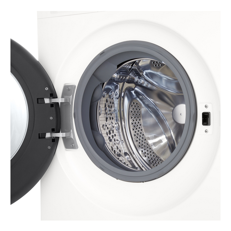 Vue de face du lave-linge à chargement frontal LG F94X56WHST, la porte ouverte, laissant apparaître le tambour en acier inoxydable vide à l'intérieur.
