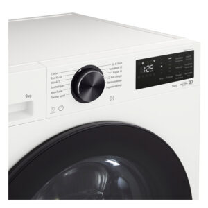 Gros plan sur le LG F94X56WHST mettant en avant son bouton de commande, sa porte et son écran numérique.