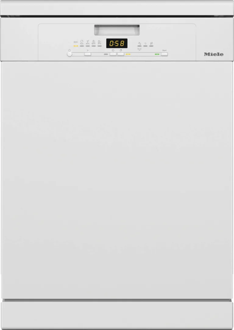 Vue de face du lave-vaisselle MIELE G 5510 BB de couleur blanche, équipé d'un minuteur numérique indiquant 0:58 et de boutons de commande situés au-dessus.
