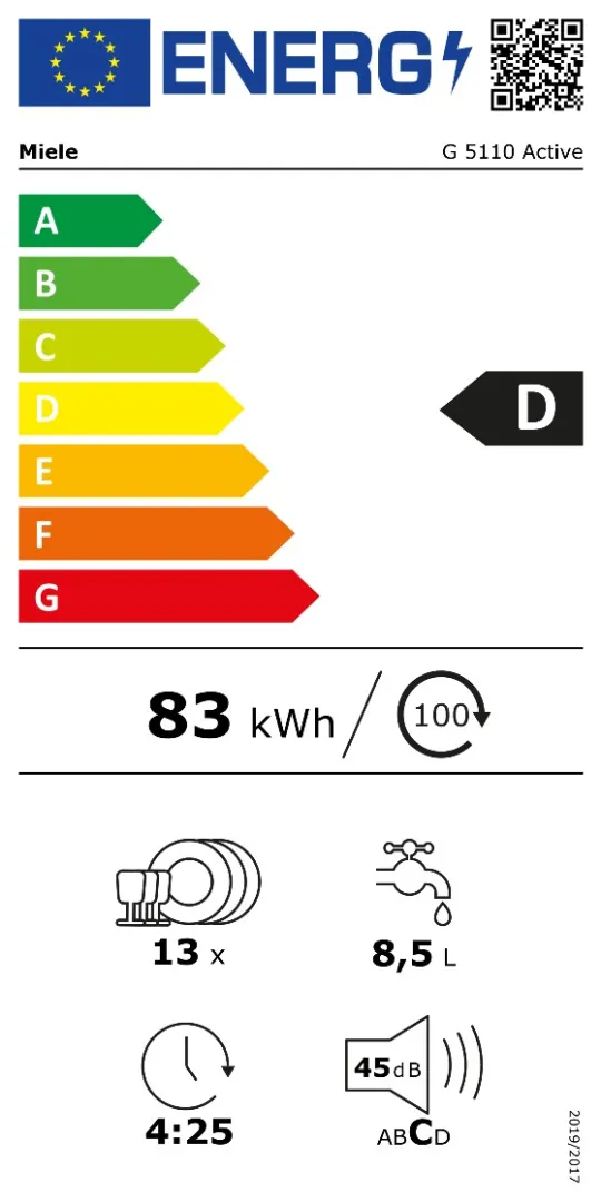 Étiquette énergétique du lave-vaisselle MIELE G 5510 BB : classe D, 83 kWh/100 cycles, 13 couverts, consommation d'eau de 8,5 L et niveau sonore modéré de 45 dB — un excellent exemple de l'efficacité des appareils MIELE.