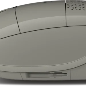 Vue de profil de la Miele GUARD M1 SILENCE, une souris d'ordinateur ergonomique de couleur grise dotée d'une surface texturée et d'une molette de défilement, conçue pour un fonctionnement silencieux.
