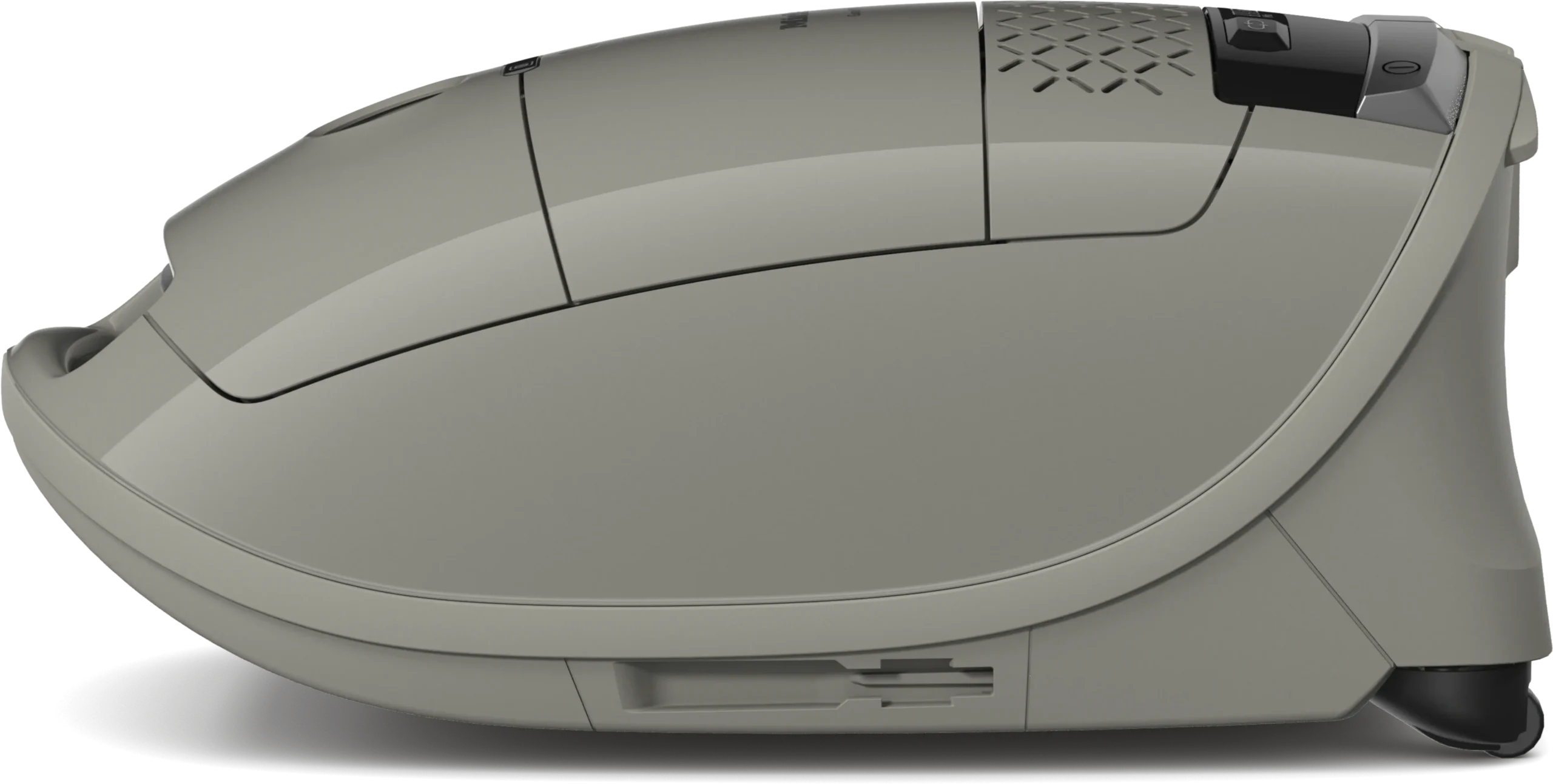 Vue de profil de la Miele GUARD M1 SILENCE, une souris d'ordinateur ergonomique de couleur grise dotée d'une surface texturée et d'une molette de défilement, conçue pour un fonctionnement silencieux.