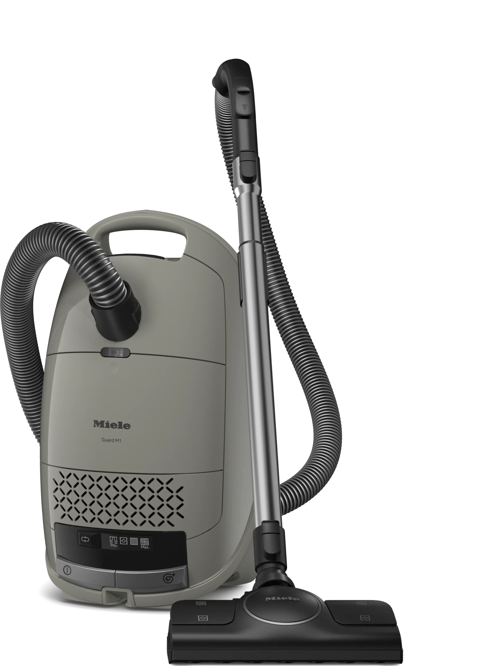Le Miele GUARD M1 SILENCE est un aspirateur-traîneau gris équipé d'un tuyau flexible et d'une brosse pour sols, conçu pour un nettoyage à la fois puissant et silencieux.