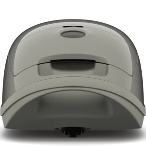 Aspirateur Miele GUARD M1 SILENCE de couleur grise, vu de face : on distingue sa poignée, son bouton rond et son design incurvé.