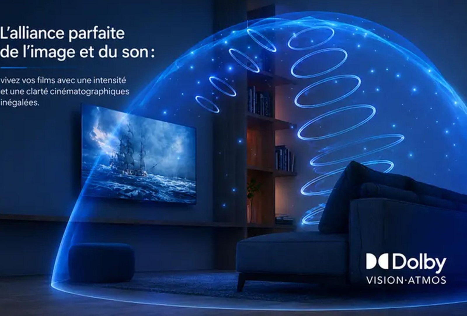 Une personne regarde la télévision, confortablement installée sur un canapé, tandis que des ondes sonores bleues Dolby Vision Atmos forment un dôme lumineux autour d'elle, lui permettant de s'immerger pleinement dans l'expérience cinématographique exceptionnelle offerte par le téléviseur OLED PHILIPS 55OLED850/12.