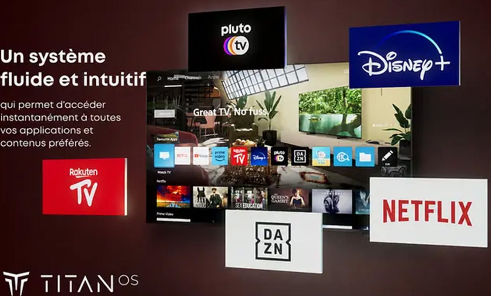L'interface du téléviseur OLED PHILIPS 55OLED850/12 (Copie) affiche des applications telles que Disney+, Netflix, Pluto TV, DAZN et Rakuten TV, accompagnées de textes en français.