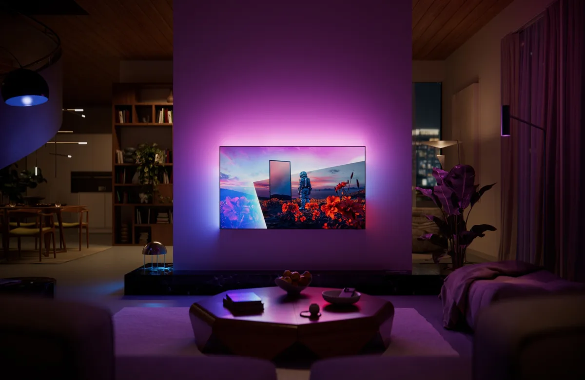 Un téléviseur OLED PHILIPS 55OLED850/12 (Copie) de 55 pouces, doté d'un rétroéclairage violet, est fixé au mur, créant ainsi une ambiance à la fois moderne et chaleureuse dans le salon le soir venu.