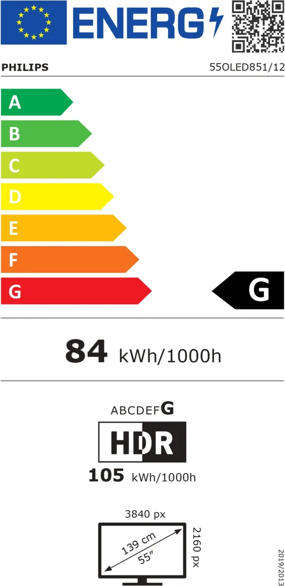 Philips 55OLED850/12 (Copie) – Étiquette énergétique du téléviseur : classe G, consomme 84 kWh pour 1 000 heures (mode standard) et 105 kWh pour 1 000 heures (mode HDR), avec une diagonale d’écran de 139 cm (55 pouces) et une résolution de 3 840 x 2 160 pixels. Le téléviseur OLED PHILIPS 55OLED850/12 offre une résolution UHD d'une grande netteté et des performances optimisées pour une expérience visuelle immersive.
