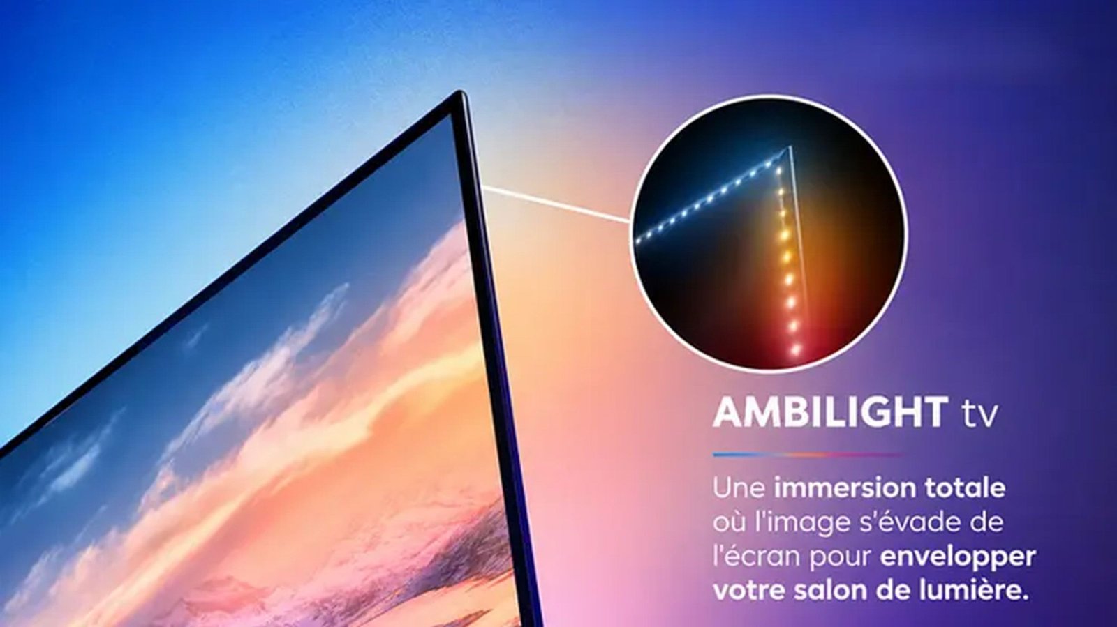 Gros plan sur un téléviseur OLED PHILIPS 55OLED850/12 (Copie) doté de la fonction Ambilight ; des lumières colorées brillent et s'étendent depuis le bord arrière vers la pièce.