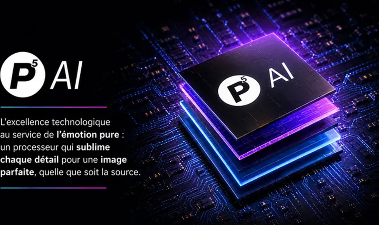 Une puce informatique lumineuse portant la mention « P5 AI » sur un circuit imprimé, accompagnée d'un texte en français mettant en avant l'excellence technologique, évoque la puissance de traitement de pointe dont est doté le téléviseur OLED PHILIPS 55OLED850/12 (Copie).