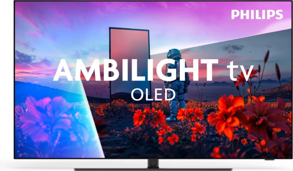Découvrez les images époustouflantes du téléviseur OLED Ambilight PHILIPS 55OLED851 (Copie), qui met en scène un astronaute et des fleurs d'un rouge éclatant sur fond de ciel lumineux.