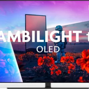 Découvrez les images époustouflantes du téléviseur OLED Ambilight PHILIPS 55OLED851 (Copie), qui met en scène un astronaute et des fleurs d'un rouge éclatant sur fond de ciel lumineux.