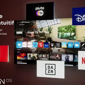 Interface TV affichant des applications de streaming telles que Disney+, Netflix, Pluto TV, Rakuten TV et DAZN avec des sous-titres en français sur l'impressionnant téléviseur OLED PHILIPS 55OLED851 (Copie).
