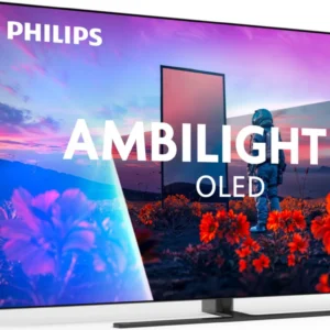 Le téléviseur OLED PHILIPS 55OLED851 (Copie) affiche des fleurs aux couleurs éclatantes et une personne en combinaison spatiale sur fond de coucher de soleil, offrant des couleurs à couper le souffle et des détails époustouflants.