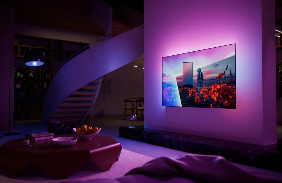 Un salon contemporain mettant en vedette un téléviseur OLED PHILIPS 55OLED851 (Copie) aux couleurs éclatantes, fixé au mur, baigné d'un éclairage d'ambiance violet, avec un escalier en colimaçon visible à l'arrière-plan.