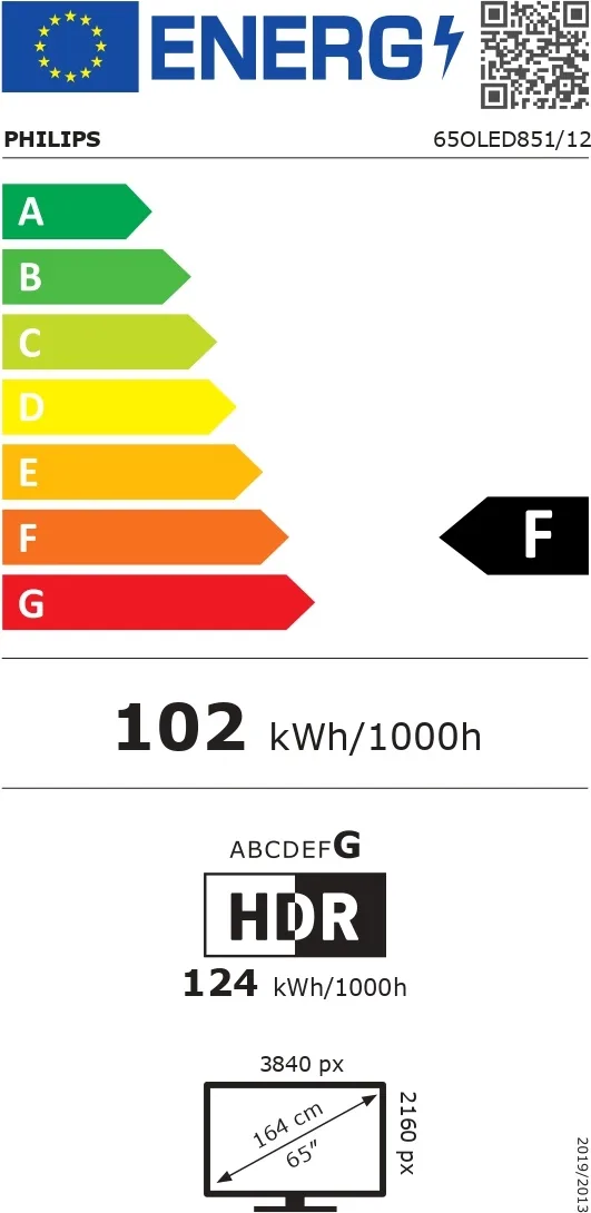Étiquette énergétique du téléviseur OLED PHILIPS 55OLED851 (Copie), classé F : consommation de 102 kWh/1 000 h ; écran de 65 pouces avec une résolution de 3 840 x 2 160 pixels ; en mode HDR, la consommation est de 124 kWh/1 000 h.