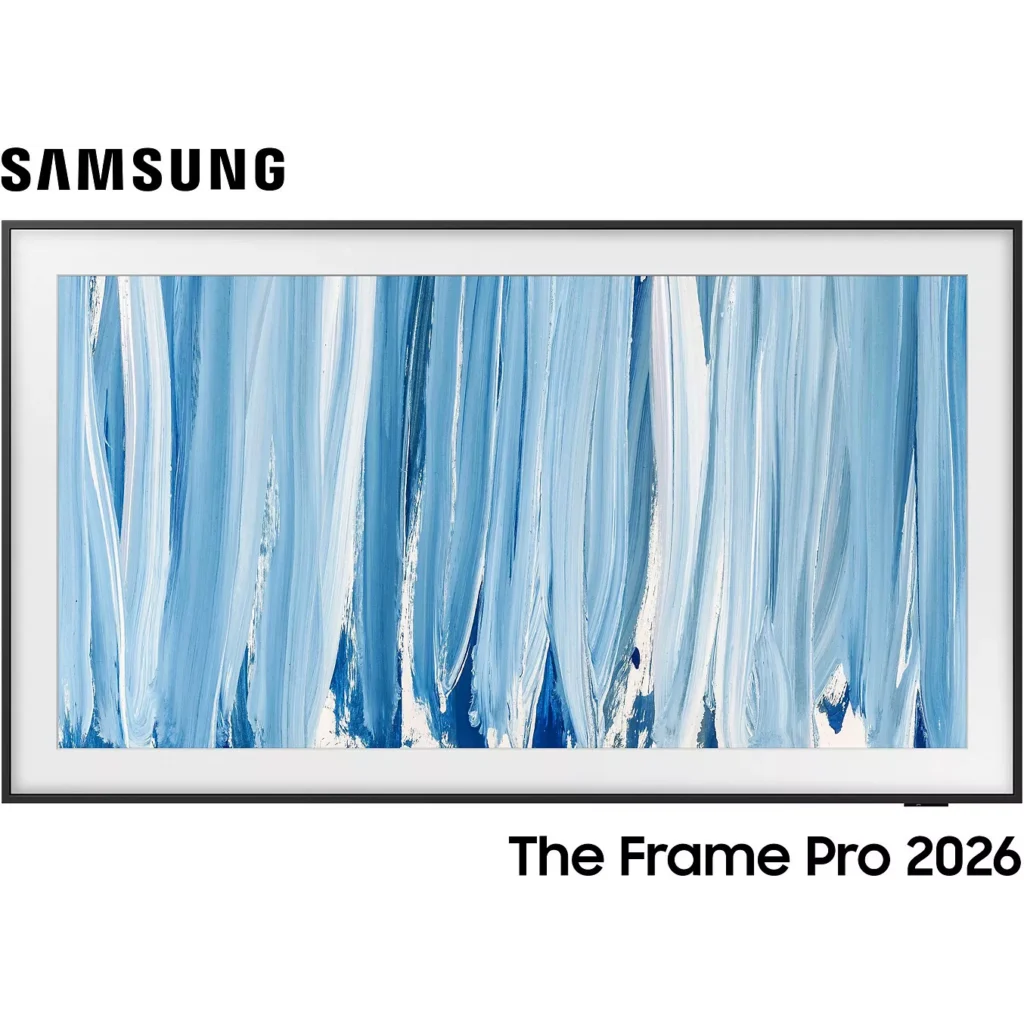 Le téléviseur SAMSUNG TQ55LS03HW THE FRAME affiche une œuvre d'art abstraite bleue et blanche, avec la mention « The Frame Pro 2026 » en dessous.