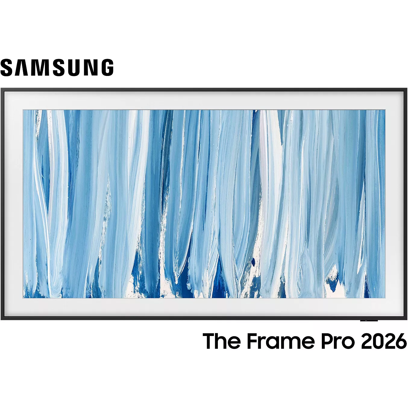Le téléviseur SAMSUNG TQ55LS03HW THE FRAME affiche une œuvre d'art abstraite bleue et blanche, avec la mention « The Frame Pro 2026 » en dessous.