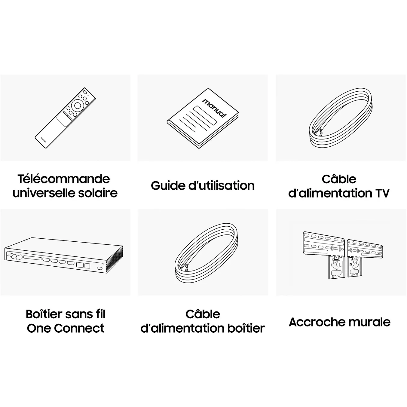 Six éléments identifiés — télécommande, manuel d'utilisation, câble TV, décodeur, câble d'alimentation et support mural — sont représentés sous forme de dessins simples en noir et blanc afin d'illustrer les composants essentiels fournis avec le SAMSUNG TQ55LS03HW THE FRAME.