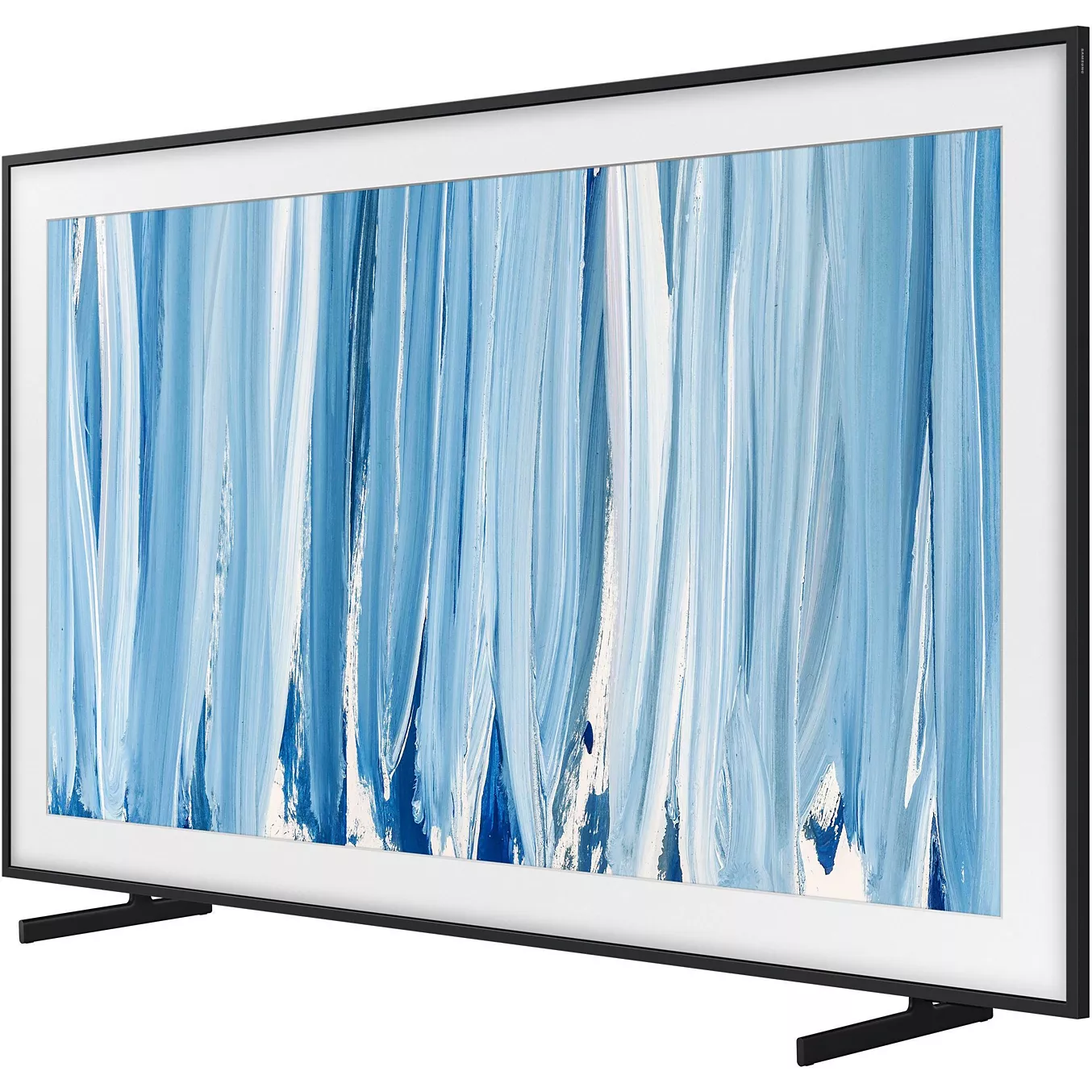 Le téléviseur SAMSUNG TQ55LS03HW THE FRAME présente une œuvre d'art abstraite bleue et blanche, posée sur deux socles noirs et encadrée d'un cadre noir aux lignes épurées.