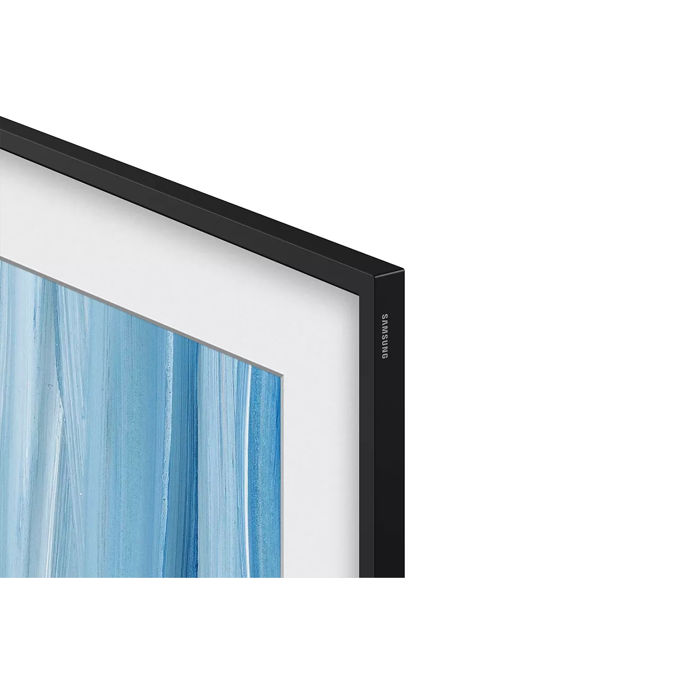 Gros plan sur le SAMSUNG TQ55LS03HW THE FRAME, un téléviseur au cadre noir affichant une œuvre d'art abstraite bleue, avec la mention « Samsung » visible sur le côté du cadre.