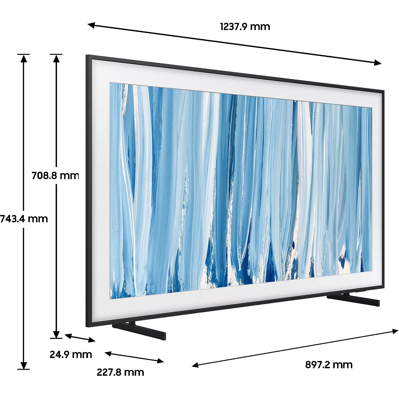 Un téléviseur à écran plat orné d'une œuvre d'art bleue, accompagné des mesures précises de sa largeur, de sa hauteur et de sa profondeur en millimètres : voici le SAMSUNG TQ55LS03HW THE FRAME.