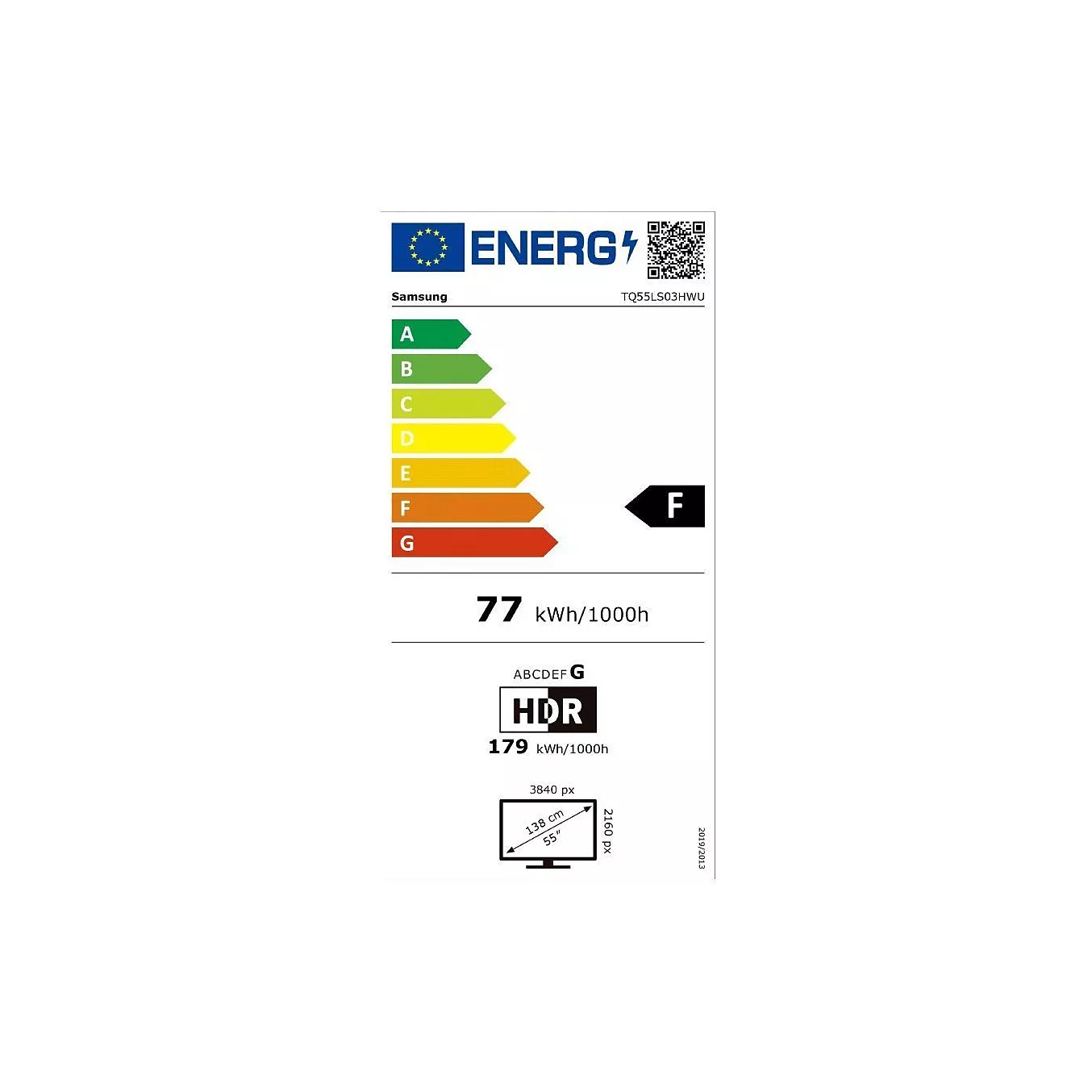 Voici la phrase réécrite à partir des données de votre produit : Étiquette énergétique du téléviseur SAMSUNG TQ55LS03HW THE FRAME : classe d'efficacité énergétique F, consommation d'énergie de 77 kWh pour 1 000 heures (mode standard) et de 179 kWh pour 1 000 heures (mode HDR).