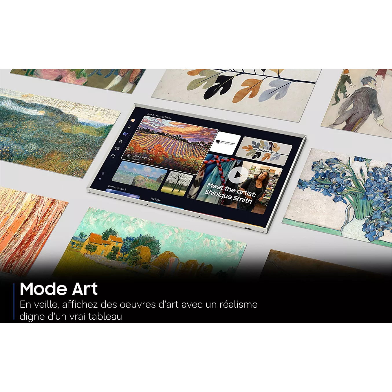 Entouré de tableaux sur un fond blanc, le SAMSUNG TQ55LS03HW THE FRAME met élégamment en valeur les œuvres d'art en mode Art, créant ainsi un cadre raffiné.